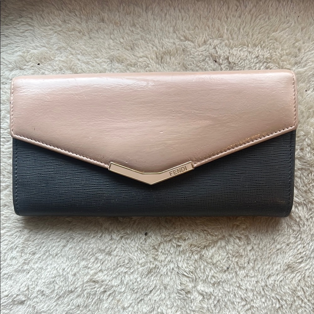 Fendi 2Jours Pink Leather & Dark Gray Canvas Envelope Long Wallet Italy